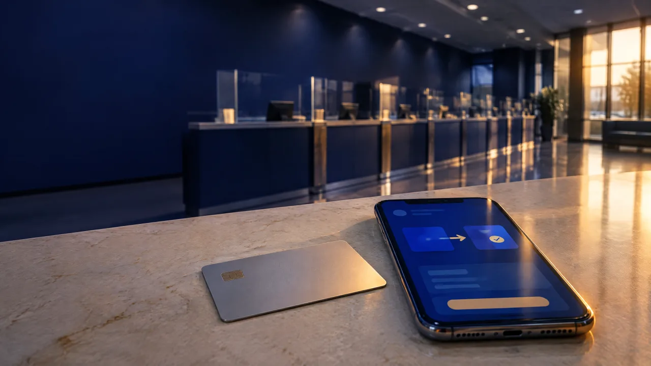 Cartão sem identificação e celular com uma tela bancária aberta sobre o balcão de uma agência bancária vazia