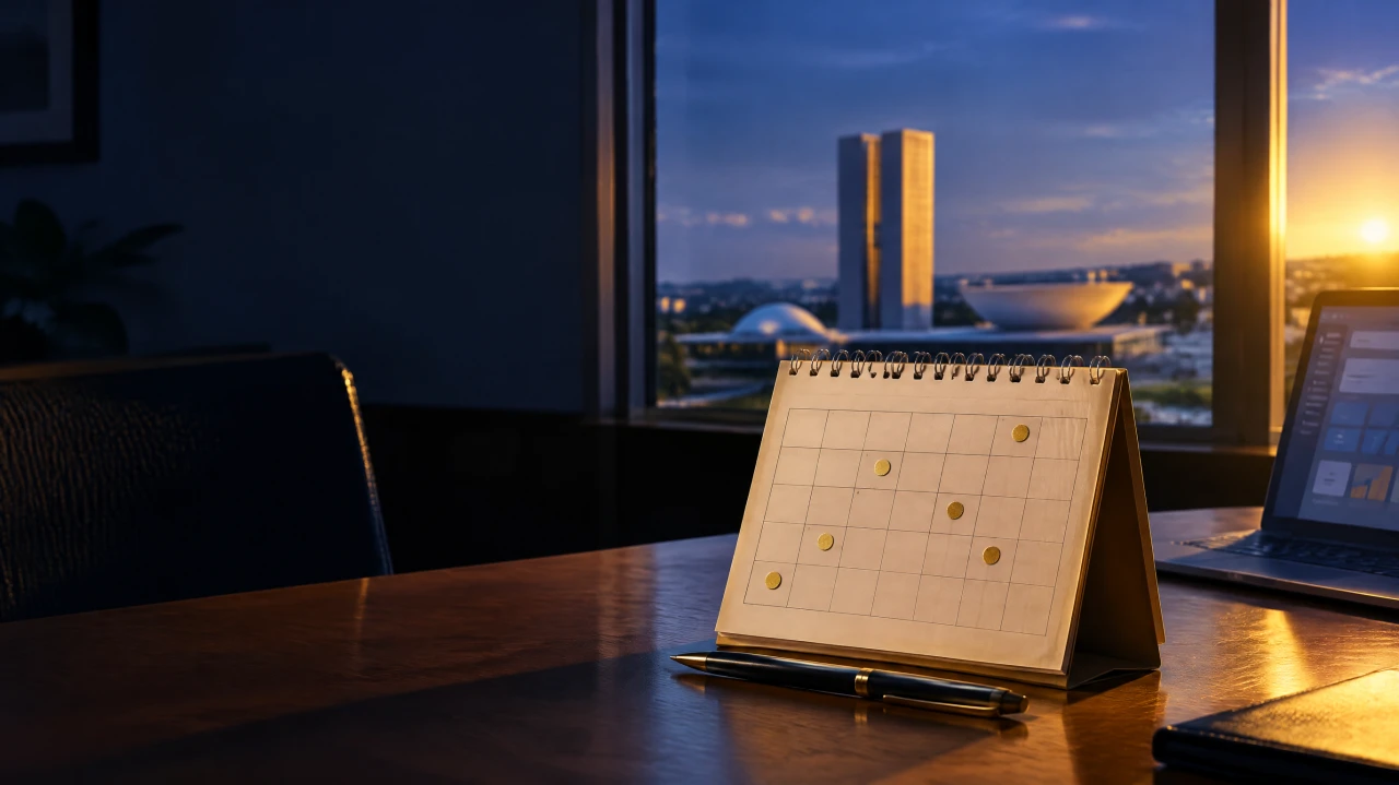 Calendário de mesa com seis datas marcadas por adesivos dourados, em um escritório com vista para o Congresso Nacional