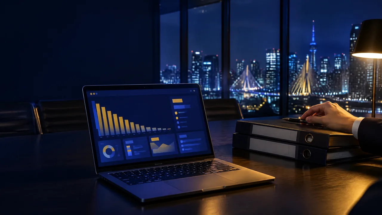 Notebook aberto com um painel de gráficos em queda e uma mão sobre pastas fechadas, em um escritório às escuras com a cidade ao fundo à noite