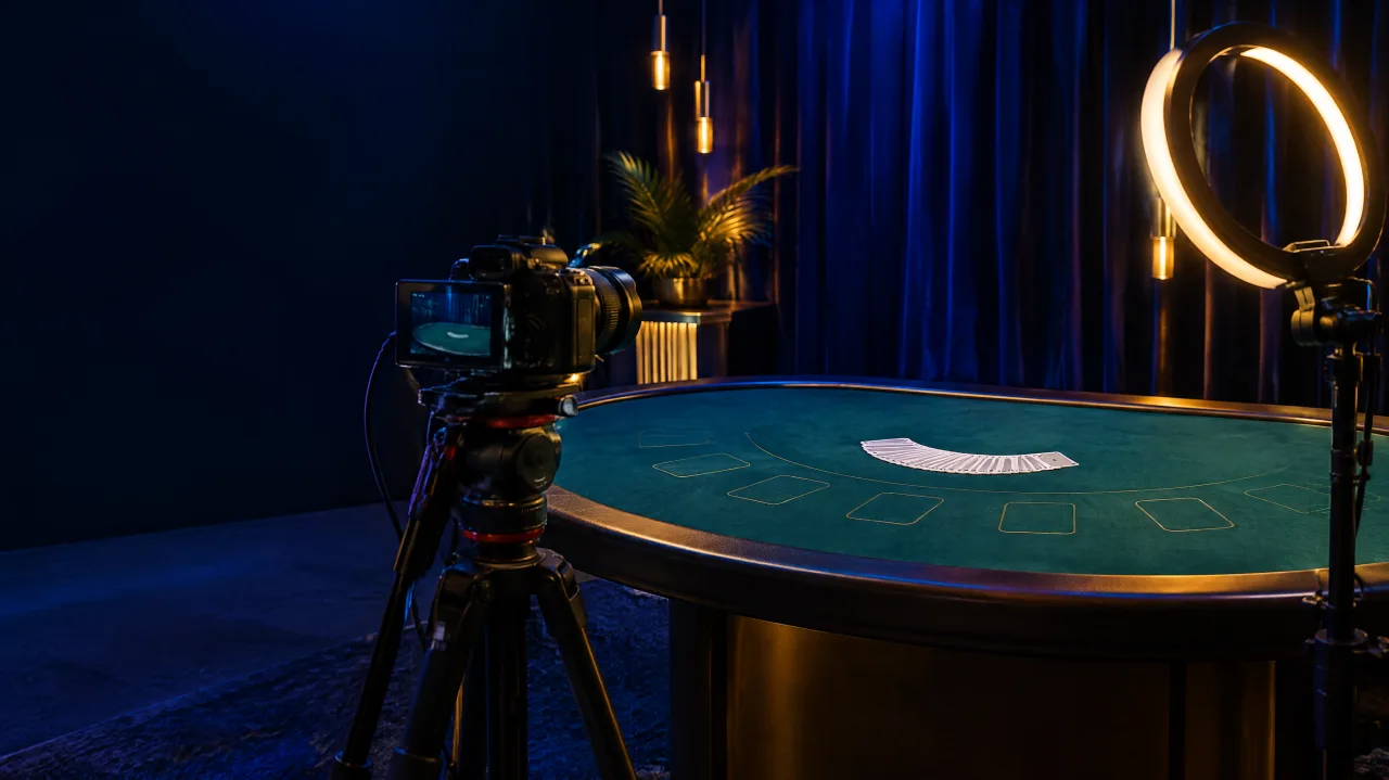 Estúdio vazio de cassino ao vivo, com uma mesa de feltro verde, uma câmera em um tripé e uma luz circular