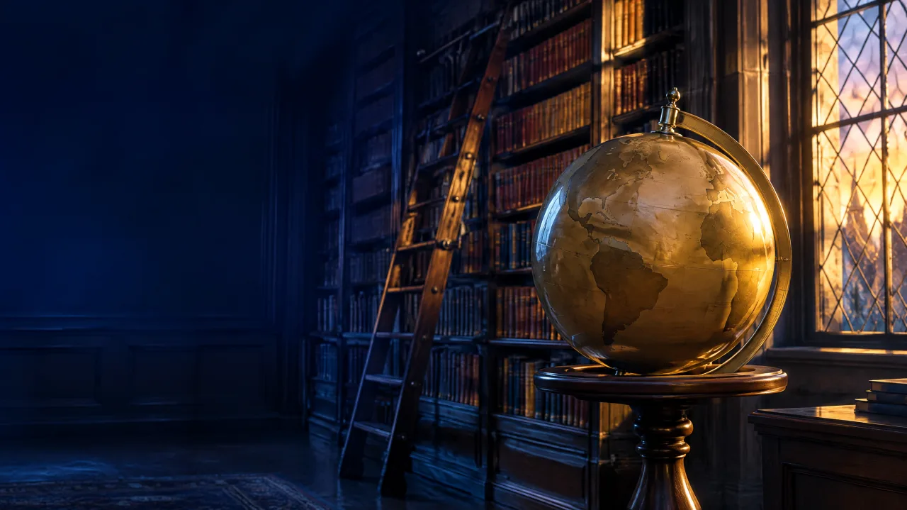 Globo de latão em uma biblioteca com estantes altas e uma escada de madeira, ao entardecer