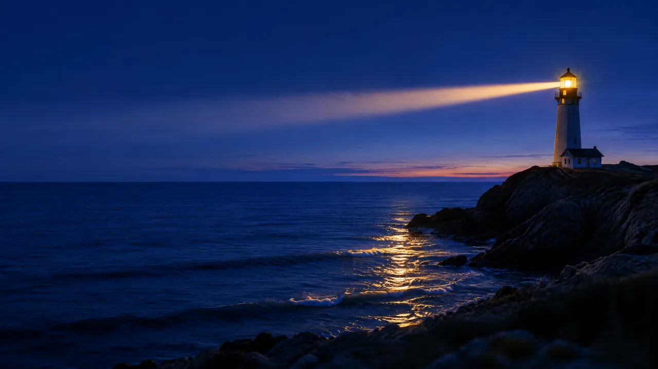 Farol com um feixe de luz dourada sobre um mar azul-marinho calmo ao anoitecer