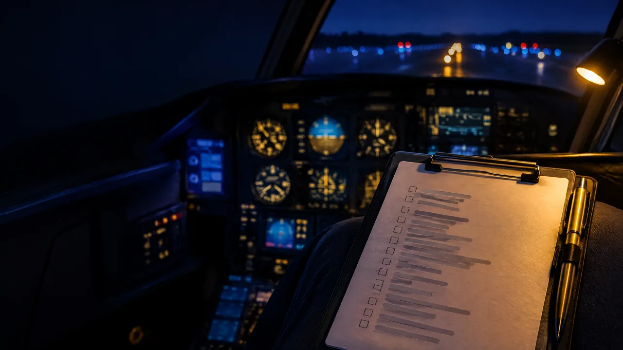 Prancheta com uma lista de verificação sobre o painel de uma cabine de avião à noite